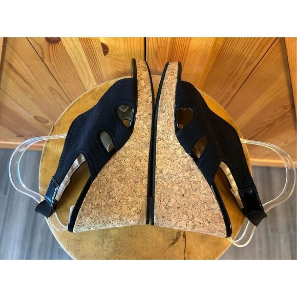 Adrienne Vittadini Claudia Sandals Shoes SZ 8.5 Cork Wedge Slingback Black Fabri - Picture 5 of 7